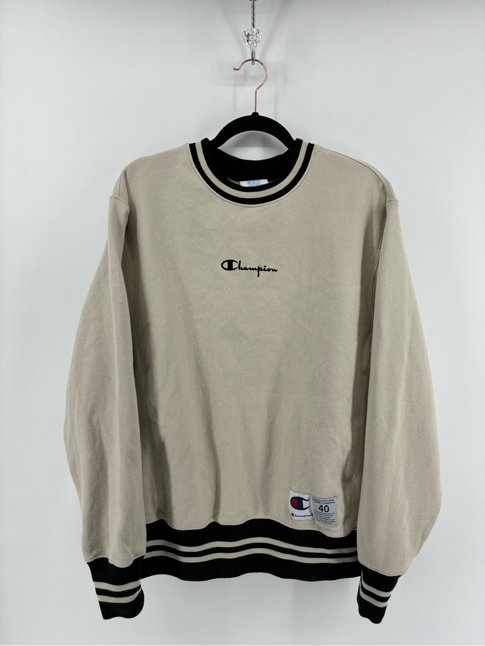 Champion Reverse Weave Men's Beige Crewneck Sweater with Black Trim